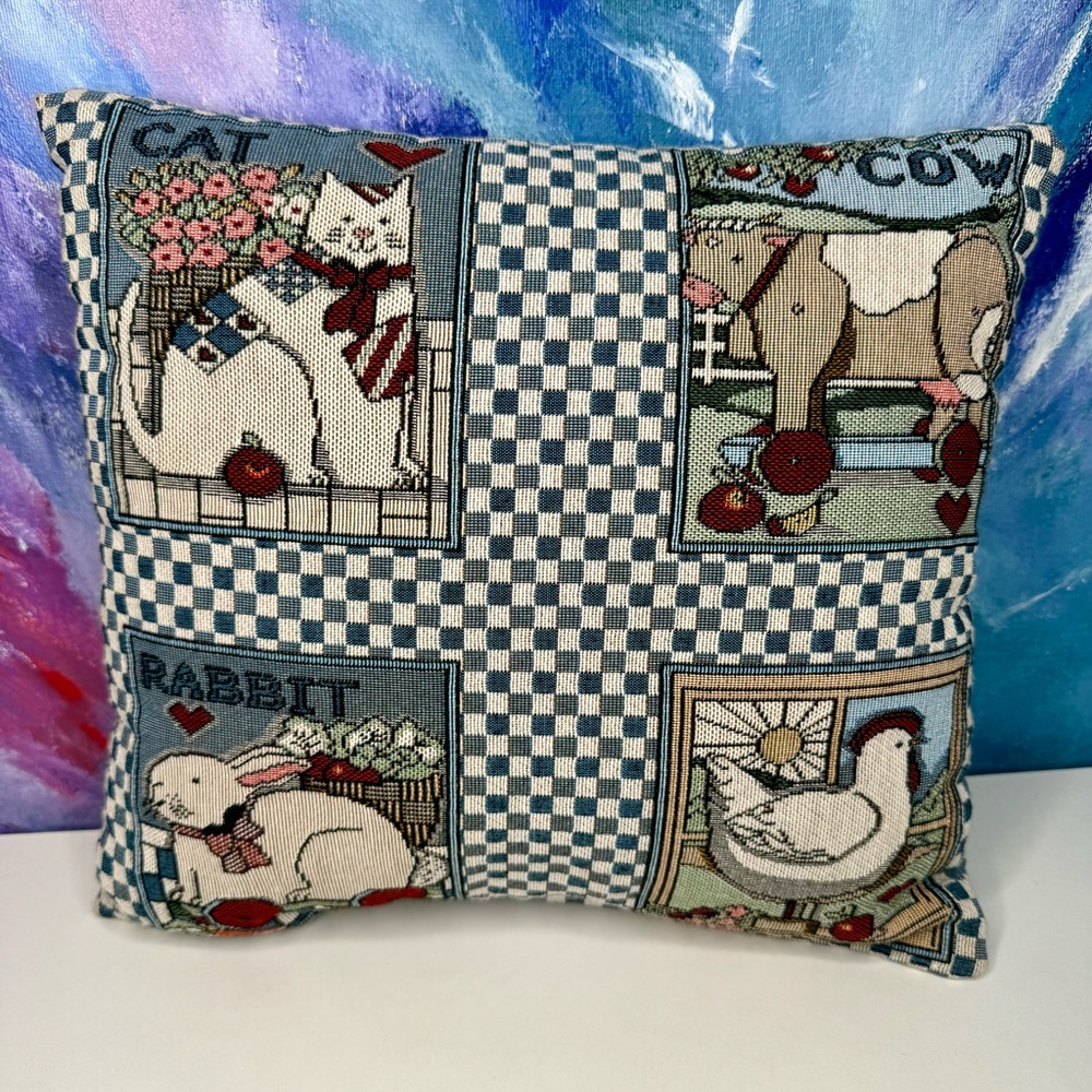 Tapestry Throw Pillow Cat Cow Rabbit Hen Sheep Farmhouse Cottagecore 90s Country